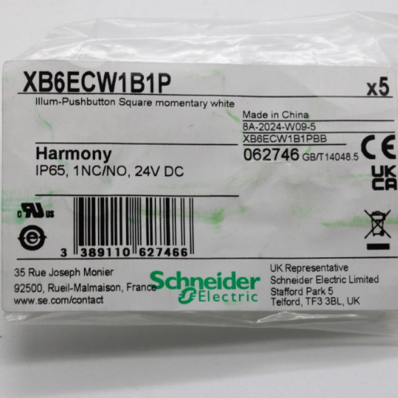 Schneider Electric XB6ECW1B1P 24V Illuminated Square White Pushbutton Switch