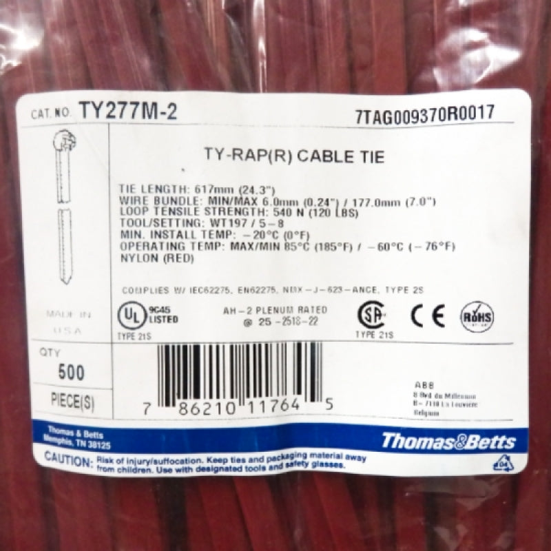 500 Pack Thomas & Betts TY277M-2 Red Nylon 6.6 24.3"L High Performance Cable Tie