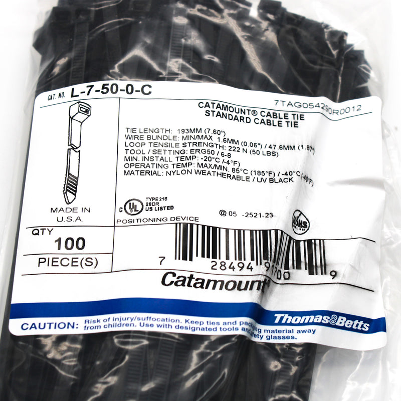 100 Pack Thomas & Betts L-7-50-0-C Catamount Black Nylon 7.44" Standard Cable Tie