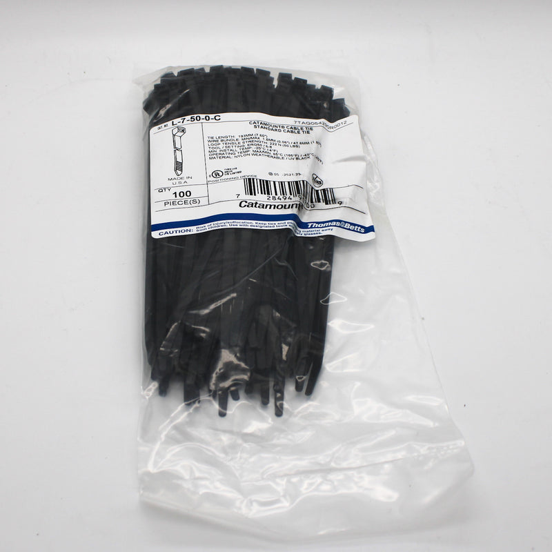 100 Pack Thomas & Betts L-7-50-0-C Catamount Black Nylon 7.44" Standard Cable Tie