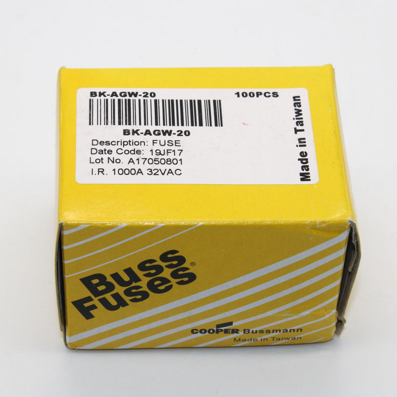 100 Pack Bussmann/Eaton BK-AGW-20 20A 32V AC/DC 1/4" x 7/8" Fuse Cartridge