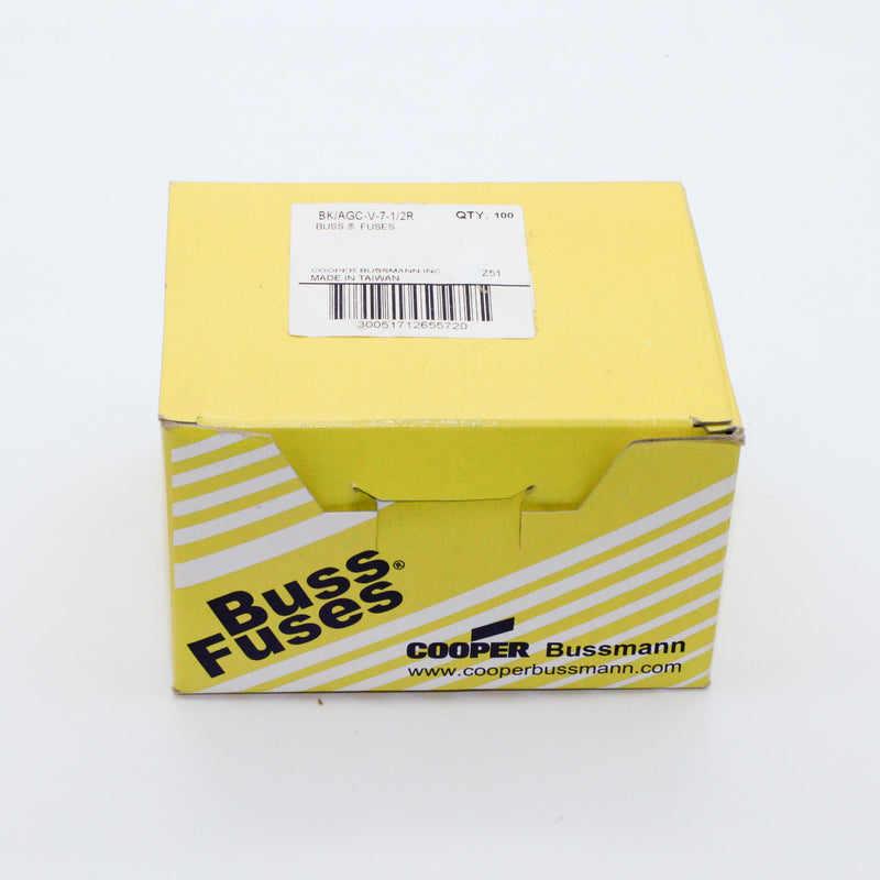 100 Pack of Bussmann/Eaton BK/AGC-V-7-1/2R 7.5A 250V AC/DC Fuse Cartridge