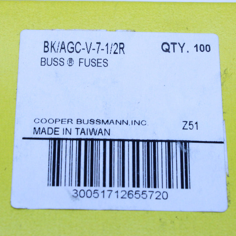 100 Pack of Bussmann/Eaton BK/AGC-V-7-1/2R 7.5A 250V AC/DC Fuse Cartridge