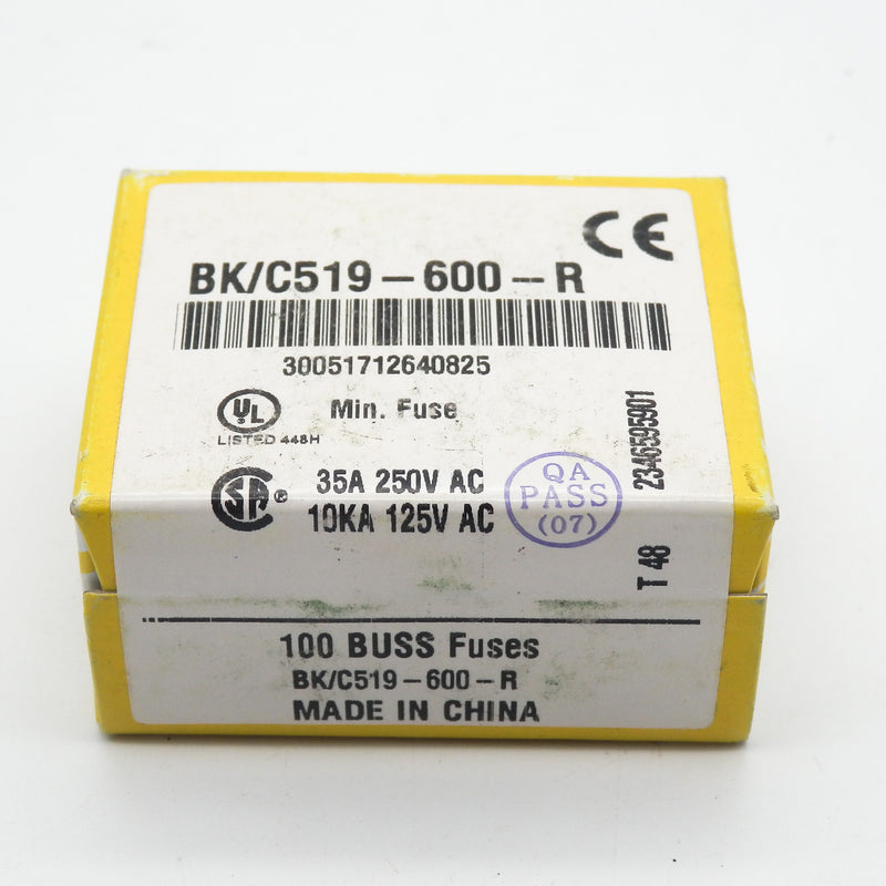 100 Pack of Eaton Bussmann BK/C519-600-R 2AG Time Delay Cartridge Fuses