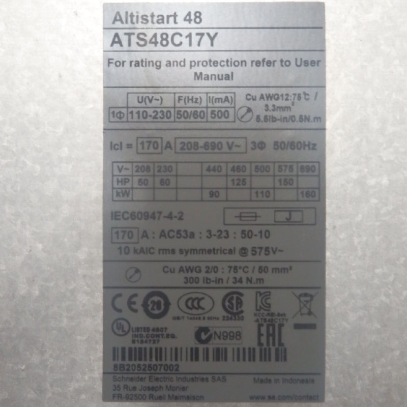 Schneider Electric ATS48C17Y Altistart 48 156A 208 to 690V Soft Starter