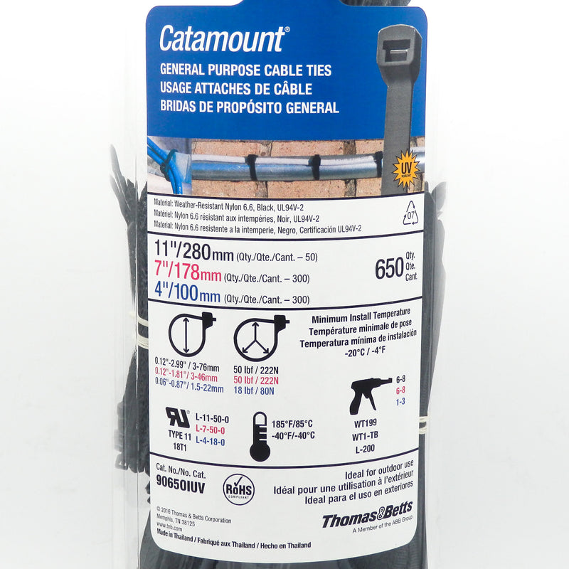 650 Pack of Thomas & Betts Catamount 90650IUV 11" 7" 4" Cable Tie Assortment