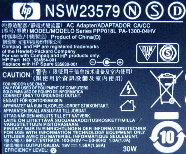 HP Compaq Mini 30W 19V 1.58A Laptop AC Adapter SP: 535630-001 HP: 534554-001