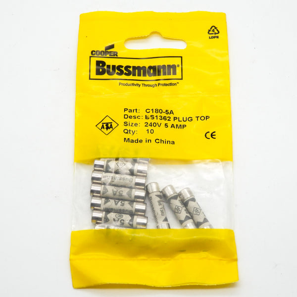 10 Pack of Eaton Bussmann C180-5A 240VAC 5A 1/4" x 1.0" British Plug Top Fuses