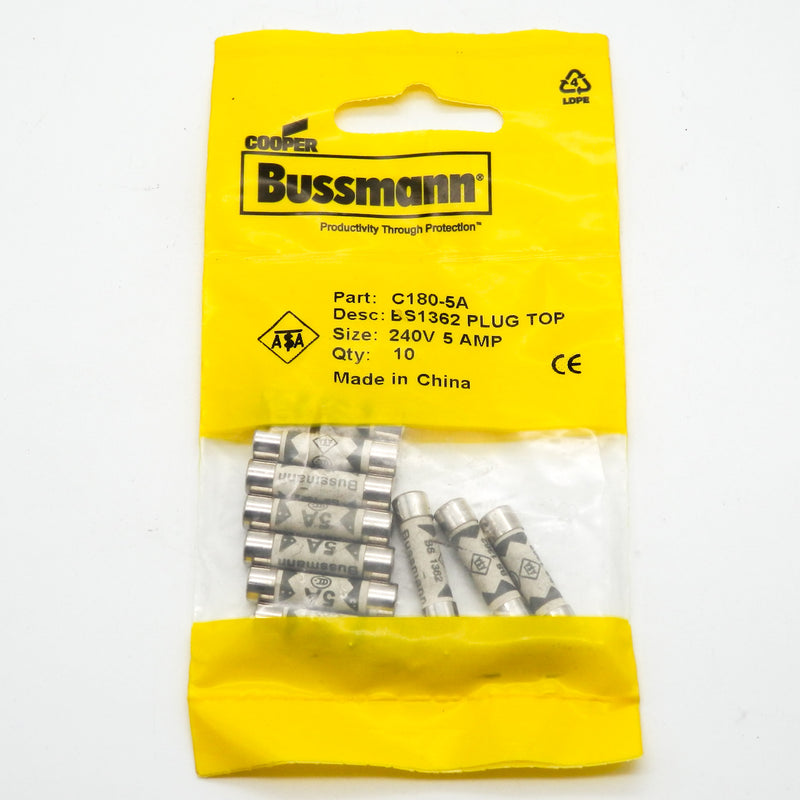 10 Pack of Eaton Bussmann C180-5A 240VAC 5A 1/4" x 1.0" British Plug Top Fuses