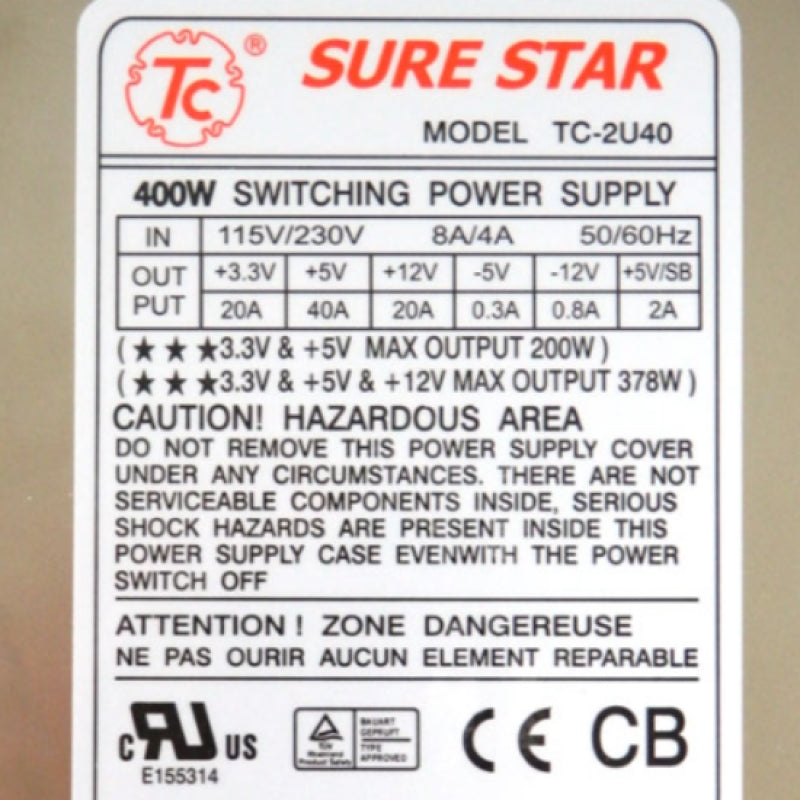 Sure Star 400W ATX Switching Power Supply for 2U Rackmount TC-2U40