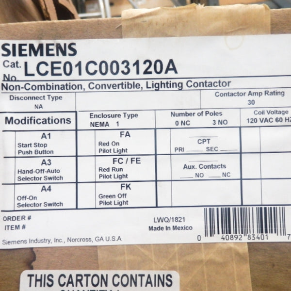 Siemens LCE01C003120A 30A 115-120V Lighting Contactor
