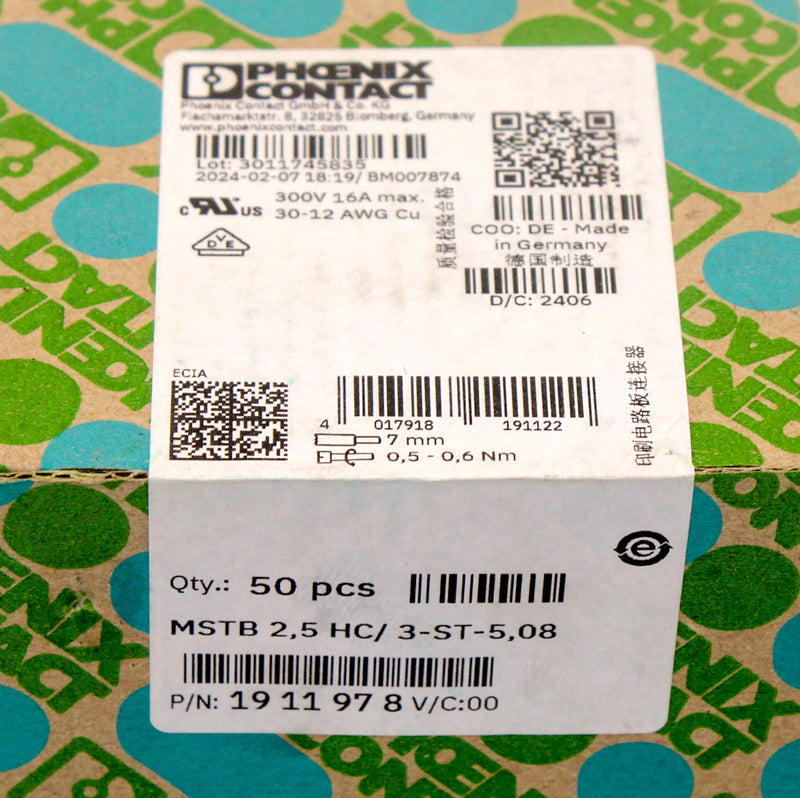 50 Pack of Phoenix Contact 1911978 12AWG 320V 16A 3 Position PCB Plug Screw