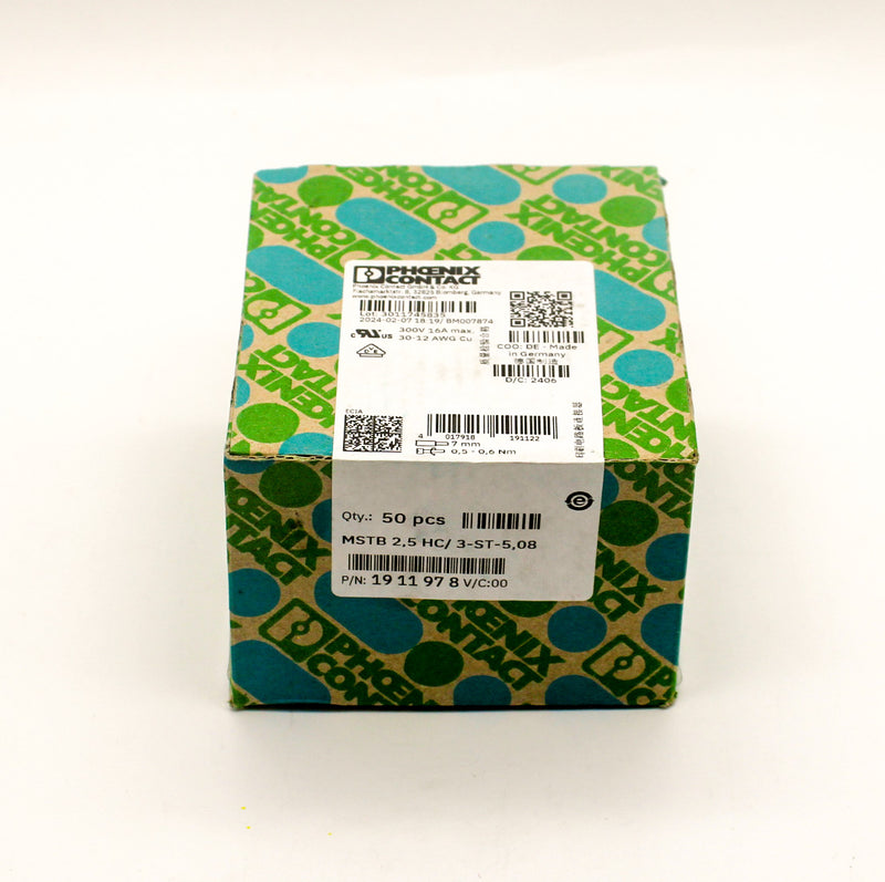 50 Pack of Phoenix Contact 1911978 12AWG 320V 16A 3 Position PCB Plug Screw