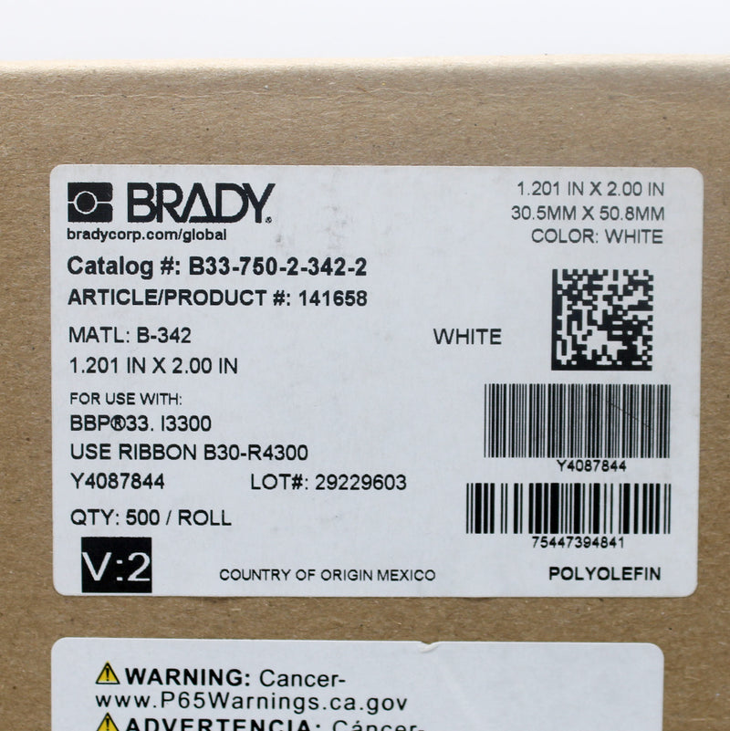 Brady B33-750-2-342-2 Single Side Polyolefin Shrinkable White Wire Sleeve Labels