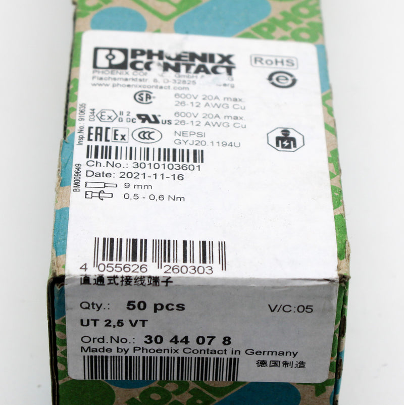 50 Pack of Phoenix Contact 3044078 12-26AWG Feed Thru Termination Block