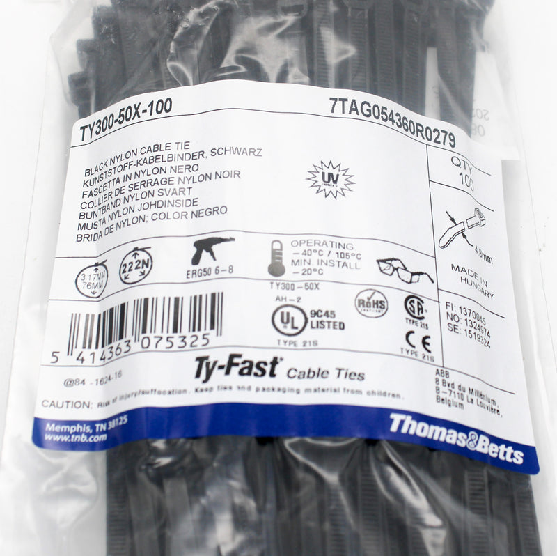 100 Pack of Thomas & Betts TY300-50X-100 50lb 12" UV Black Nylon Cable Ties