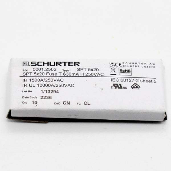 10 Pack of Schurter 0001.2502 0.63A 250VAC 5x20mm Fuse Cylinder