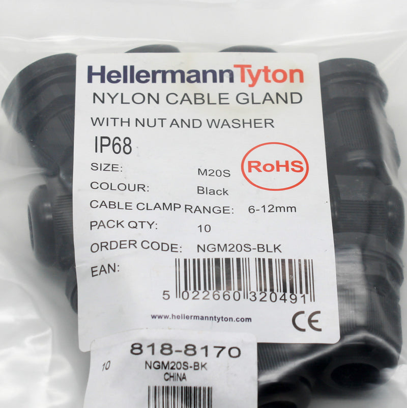 10 Pack of HellermannTyton NGM20S-BLK 6-12mm Nylon Cable Gland With Locknut