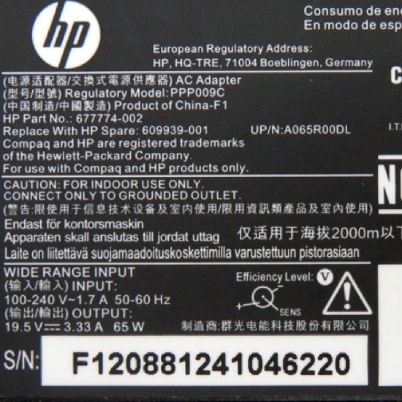 HP Pavilion 65W Smart Pin Slim AC Adapter 608425-002 609939-001