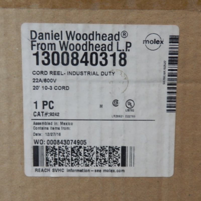 Molex Woodhead 1300840318 6.10m 10/3 SOW POW-R-MITE Industrial Duty Cable Reel