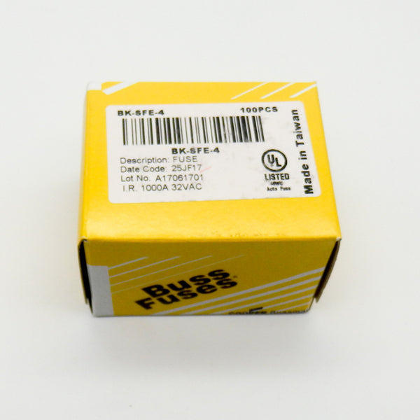 Pack of 100 Eaton Electronics BK/SFE-4 4A 32V 1/4" x 5/8" Glass Fuse Cartridge