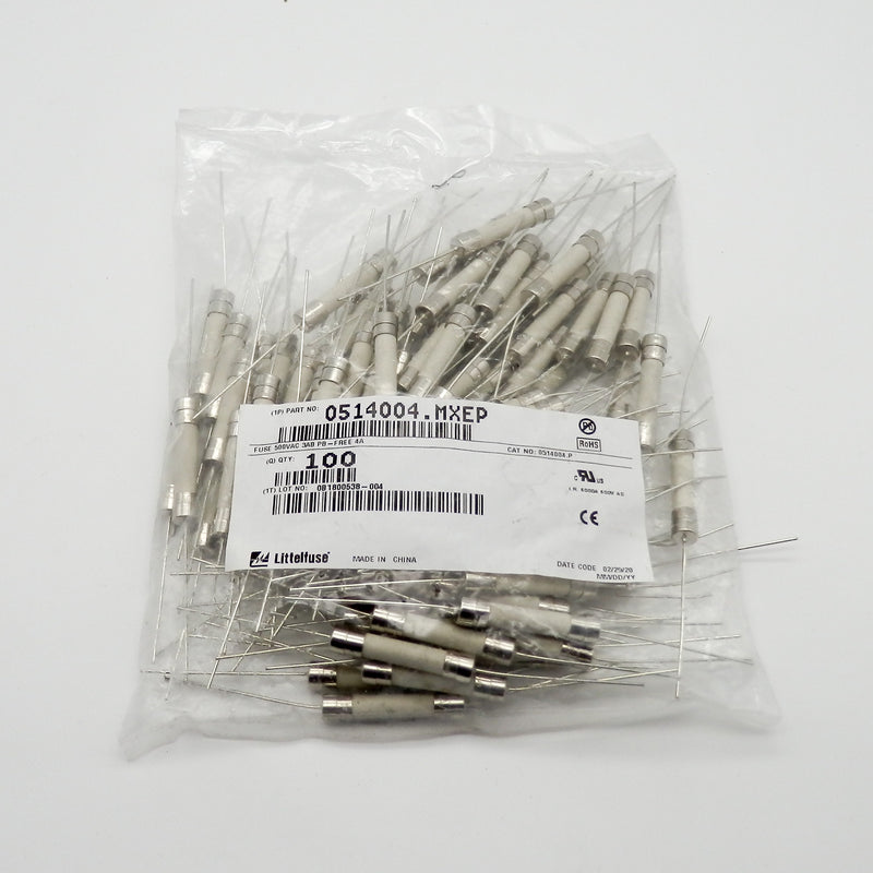 100 Pack of Littelfuse Inc. 0514004.MXEP 4A 500V Ceramic Fuse Cartridg ...