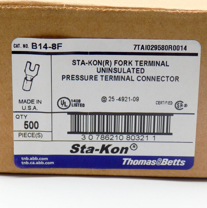 500 Pack of Sta-Kon by ABB B14-BF .93"L-.50"W 1/4" Hole 14-18AWG Ring Terminal