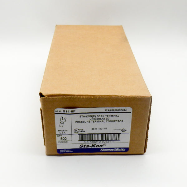 500 Pack of Sta-Kon by ABB B14-BF .93"L-.50"W 1/4" Hole 14-18AWG Ring Terminal