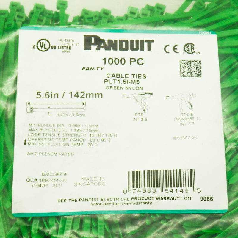 Pack of 1000 Panduit PLT1.5I-M5 5.6" Length Nylon Green Cable Ties