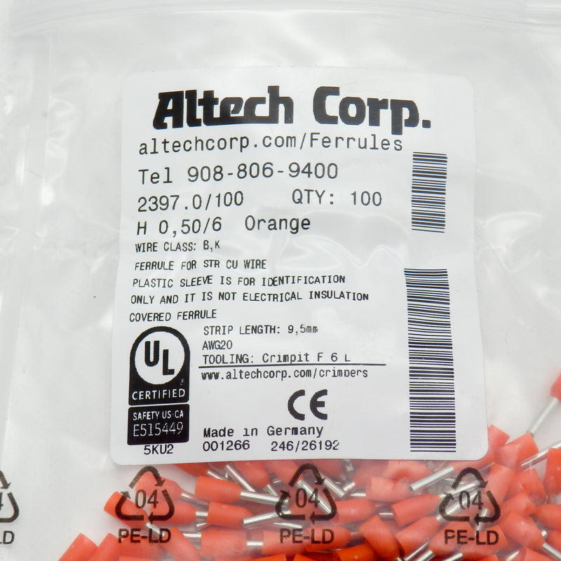 100 Pack of Altech Corp 2397.0/100 20AWG Orange Single Wire Ferrule Connector