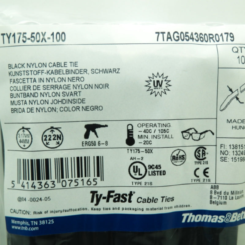 Pack of 100 Thomas & Betts TY175-50X-10C Ty-Fast Black Nylon Cable Tie