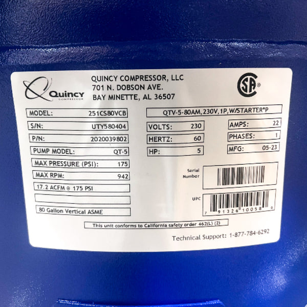 【P13531】WISH IN BLUE Quincy Compressor 251CS80VCB 2020039802 QT 5-HP 80 Gallon 2-Stage