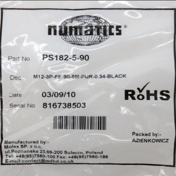 Numatics 5M 3-Pin M12 Micro Female Elbow Molded Cordset PS182-5-90