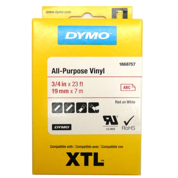 Dymo XTL 3/4" All-Purpose Vinyl Red On White 1868757