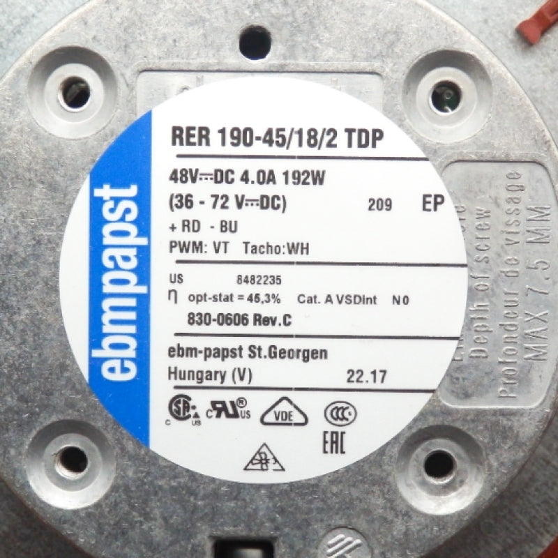 EBM-Papst RER190-45/182TDP 48VDC 4A 192W 7.5" DC Turbo Centrifugal Fan