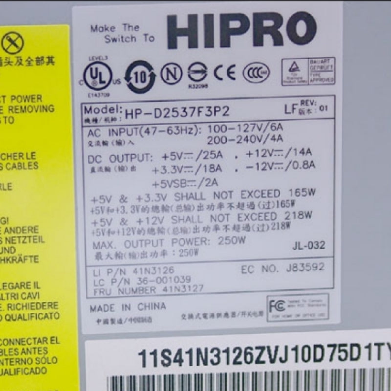 IBM Lenovo HIPRO 250W ATX Power Supply HP-D2537F3P2 41N3126 41N3127