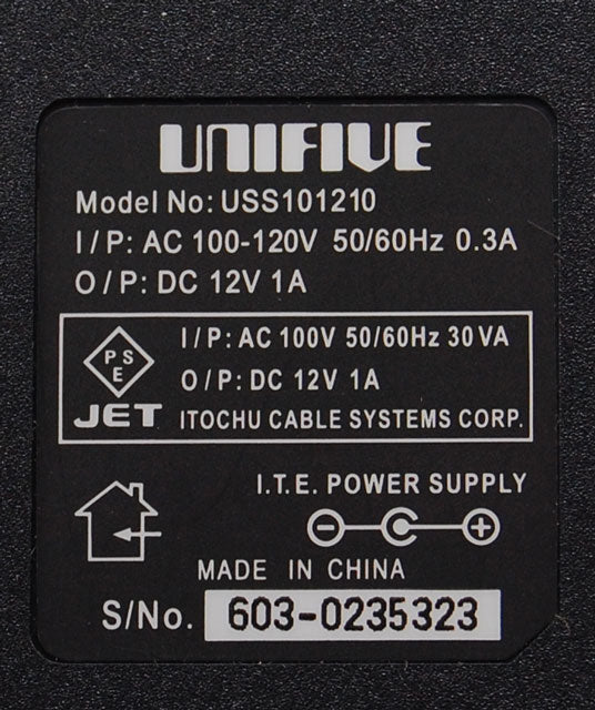 UNIFIVE 12VDC 1A Output AC 100V 50/60Hz 30VA Input AC Adapter USS101210