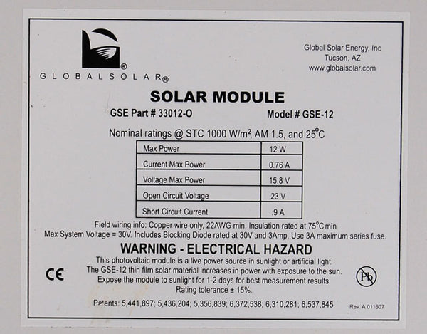GSE 12V Framed Solar 12 Watt 12 Volt Panel Module 33012-O Model GSE-12