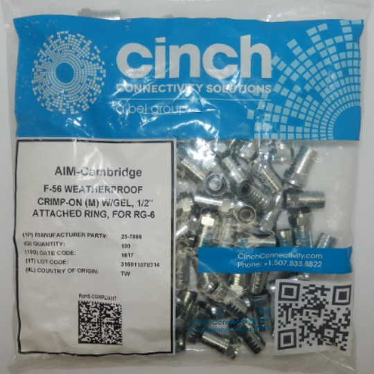 100 Pack of Cinch Straight Cable Mount F Conn Plug Crimp RG6 25-7066