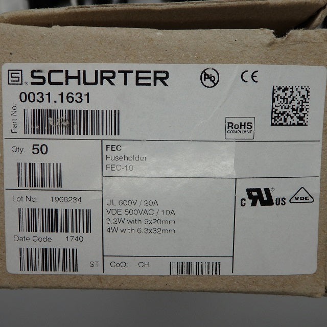 50 Pack of Schurter 56.5 x 19mm 10A FEC Series Thermoset Fuseholders 0031.1631