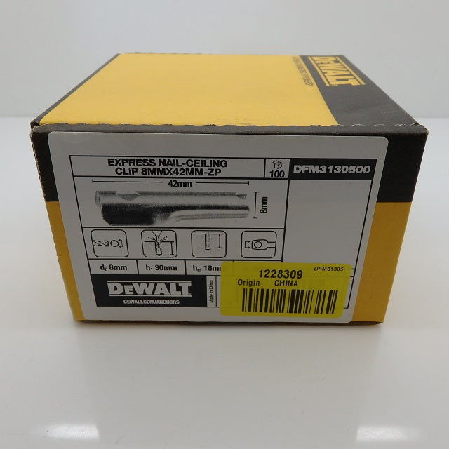 100 Pack of DeWALT 42mm x 8mm Zinc Plated Express Nail-Ceiling Clips DFM3130500