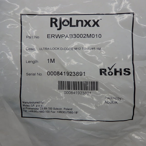 Molex 1M Ultra-Lock D-Code M12 to RJ45 Cable ERWPAB3002M010