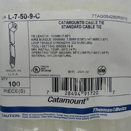 Pack of 100 Catamount Natural Polyamide Standard Cable Tie L-7-50-9-C