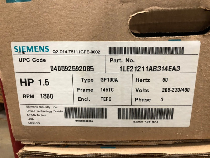 Siemens 1.5HP 1800RPM GP100A Series 3-PH NEMA AI Frame Motor 1LE21211AB314EA3