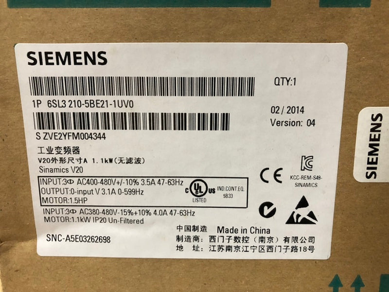 Siemens 1.5HP 480VAC 3-PH Sinamics V20 AC Drive 6SL32105BE211UV0