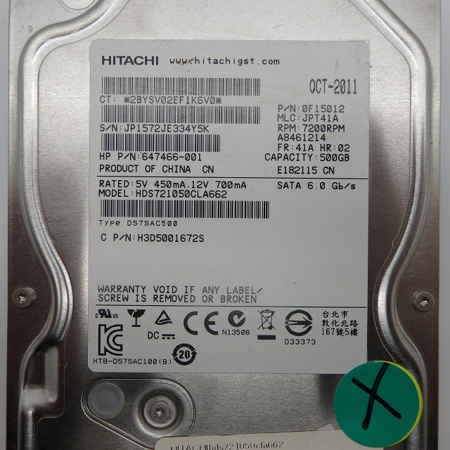 HP 647466-001 Hitachi HDS721050CLA662 500GB 7.2K 3.5" SATA Hard Drive