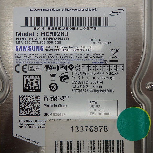 Dell X6G6F Samsung HD502HJ 500GB 7.2K SATA Hard Drive