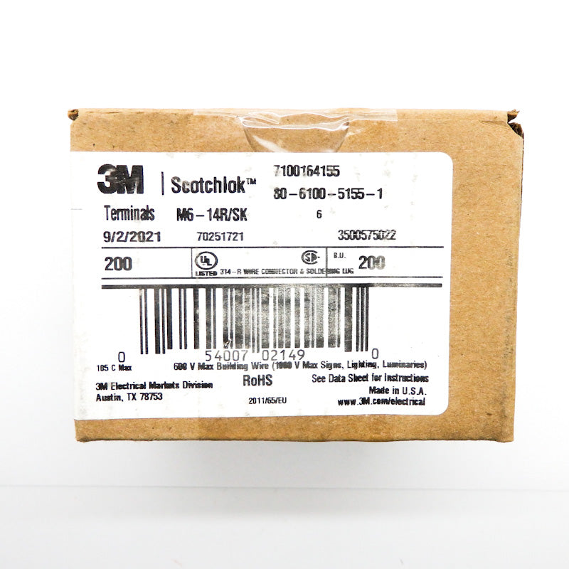 200 Pack - 3M 6AWG Non-Insulated Brazed Seam Ring Tongue Terminal M6-14R/SKw