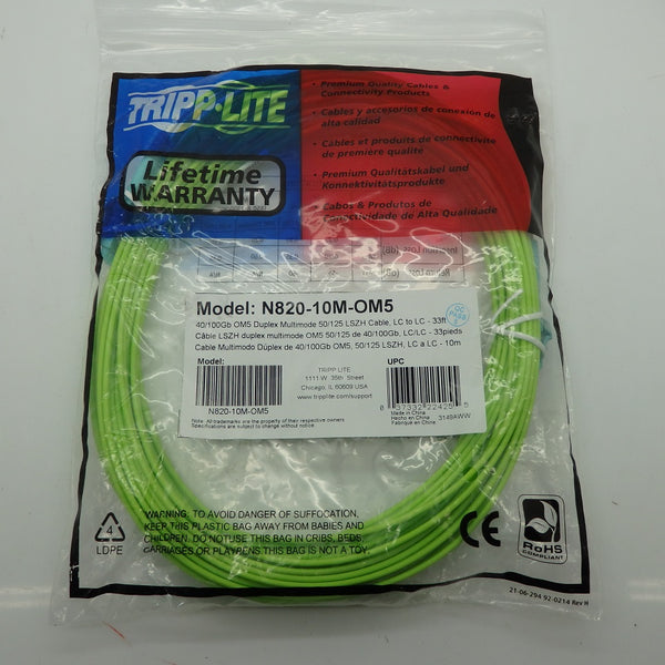 Tripp-Lite 10M Duplex Multimode Fiber Patch Cable OM5 LC LC 50/125 N820-10M-OM5