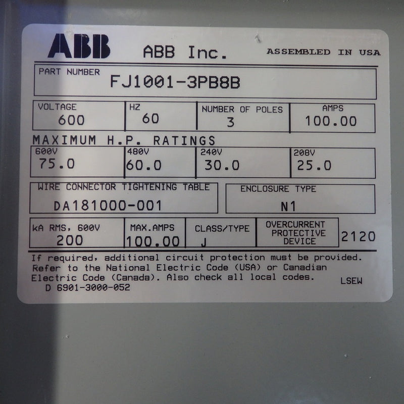 ABB SafeLine Series 3-P 100A N1 Disconnect Switch FJ1001-3PB8B